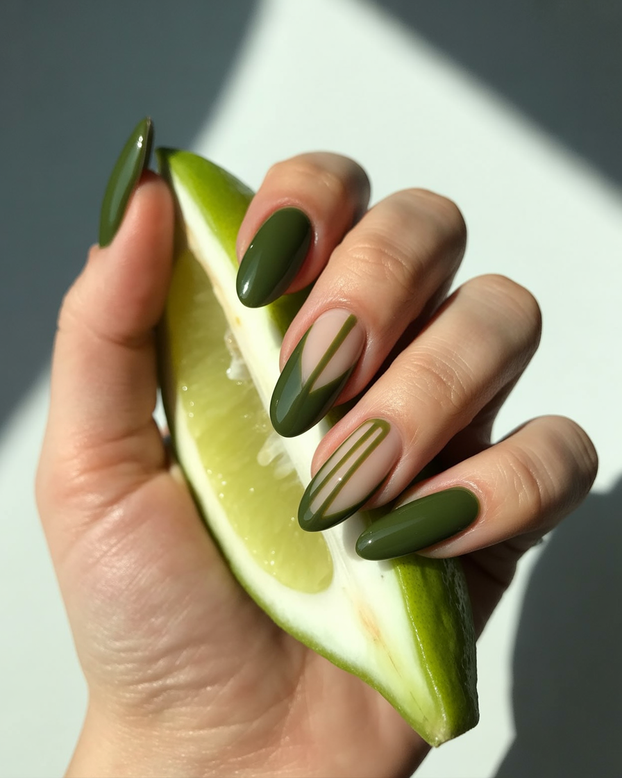 Olive green nails with geometric negative space showing natural nail underneath.