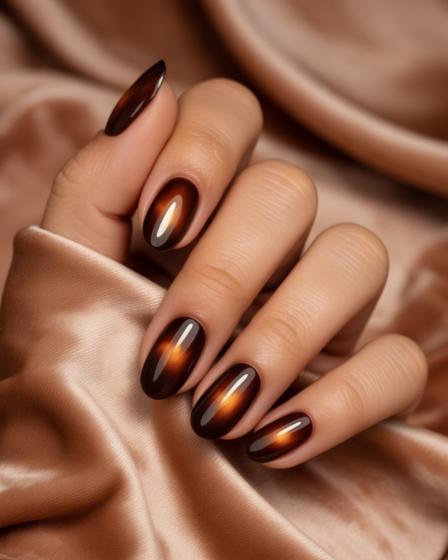  Magnetic velvet-effect nails in a warm brown hue.