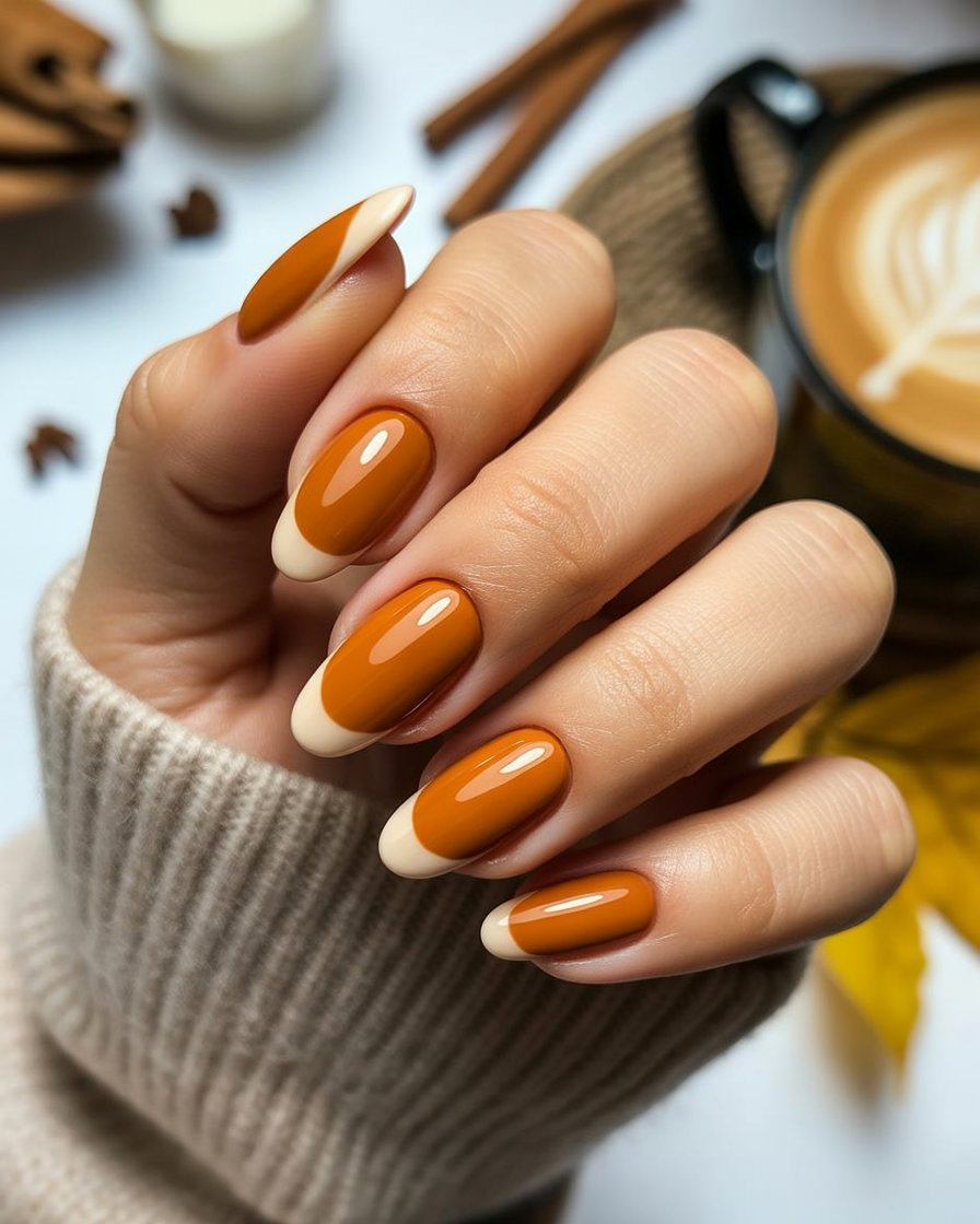  Two-tone nails with caramel base and cream accents.