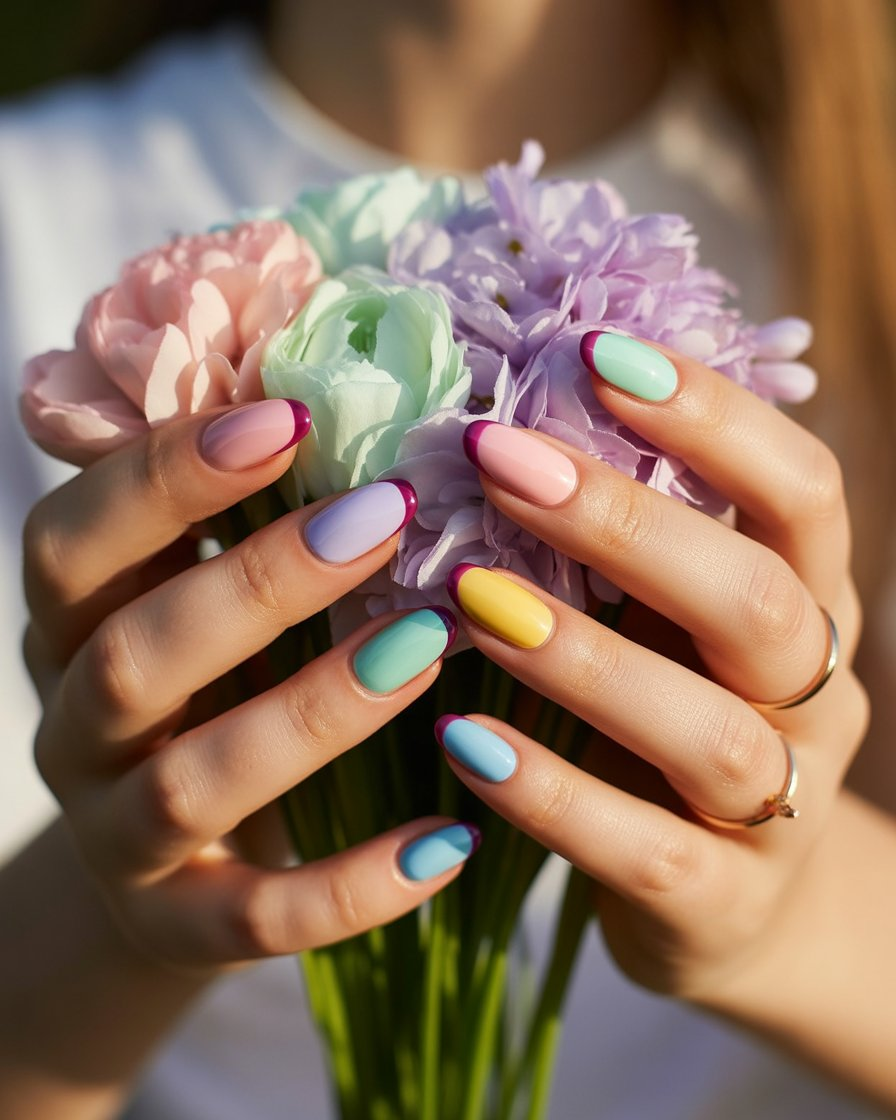 Multicolored pastel nails outlined in thin burgundy lines.