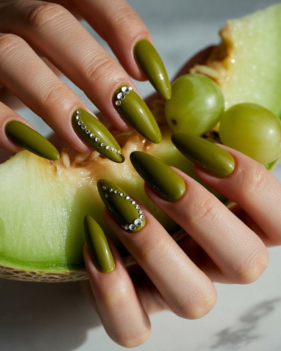 Olive green nails with tiny rhinestones near the cuticle area for added sparkle.