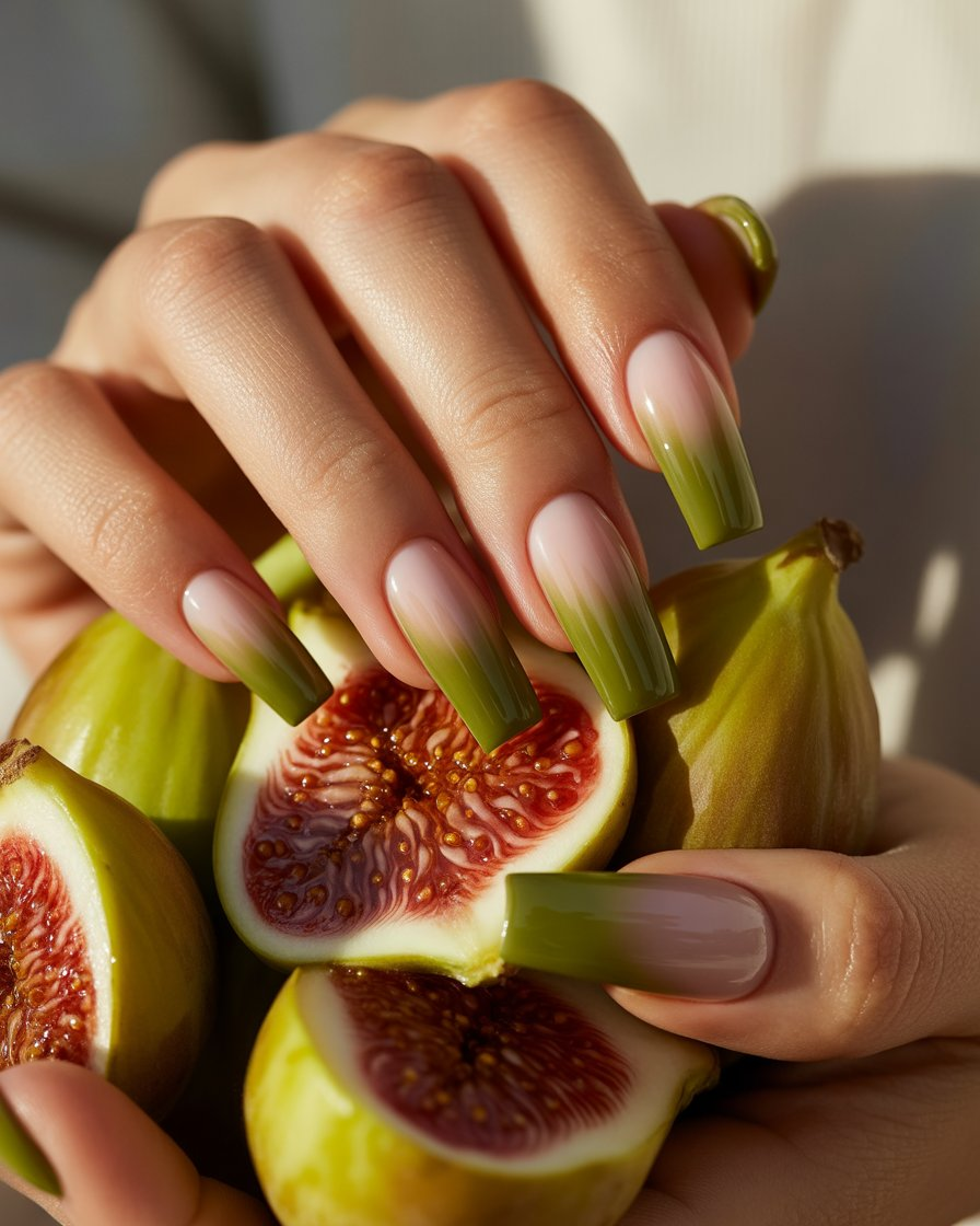  Soft ombre nails fading from nude at the cuticle to olive green at the tips.