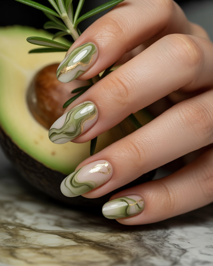 Olive green marble effect nails with soft white and gold veining.
