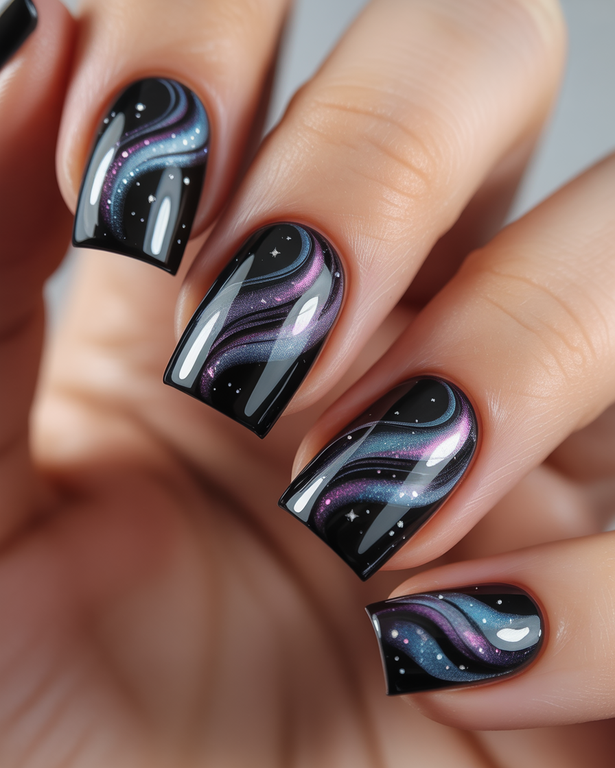 Aesthetic black swirl nail art design on medium-length almond-shaped nails with a glossy black base and delicate white and silver swirls. Close-up hand shot in soft studio lighting, styled with minimal rings for a modern and elegant Instagram-worthy look.