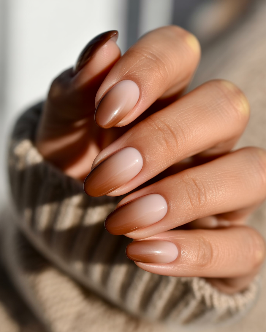Gradient brown ombre nails on coffin-shaped nails.