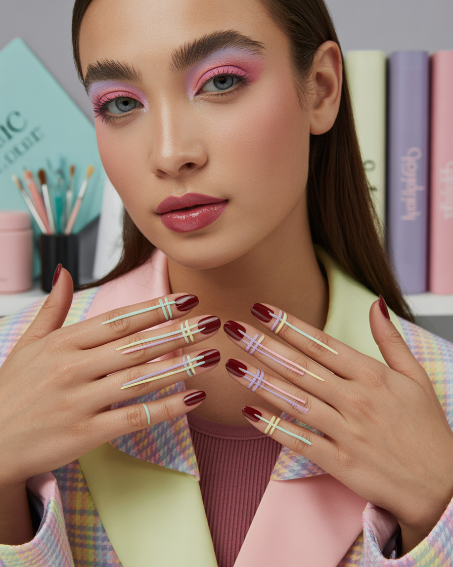 Plaid pattern in pastel over a burgundy base on almond-shaped nails.