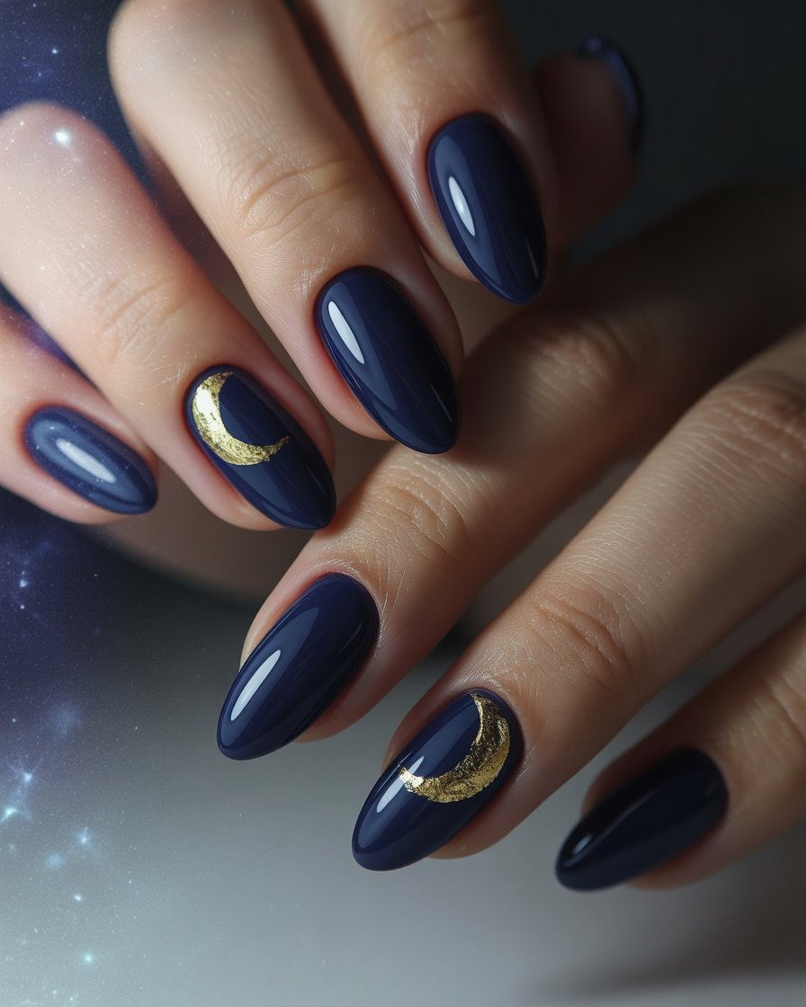  Navy nails with gold crescent moon design