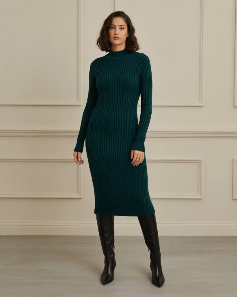A mid-size woman in a ribbed knit sweater dress in a jewel tone, styled with knee-high boots.