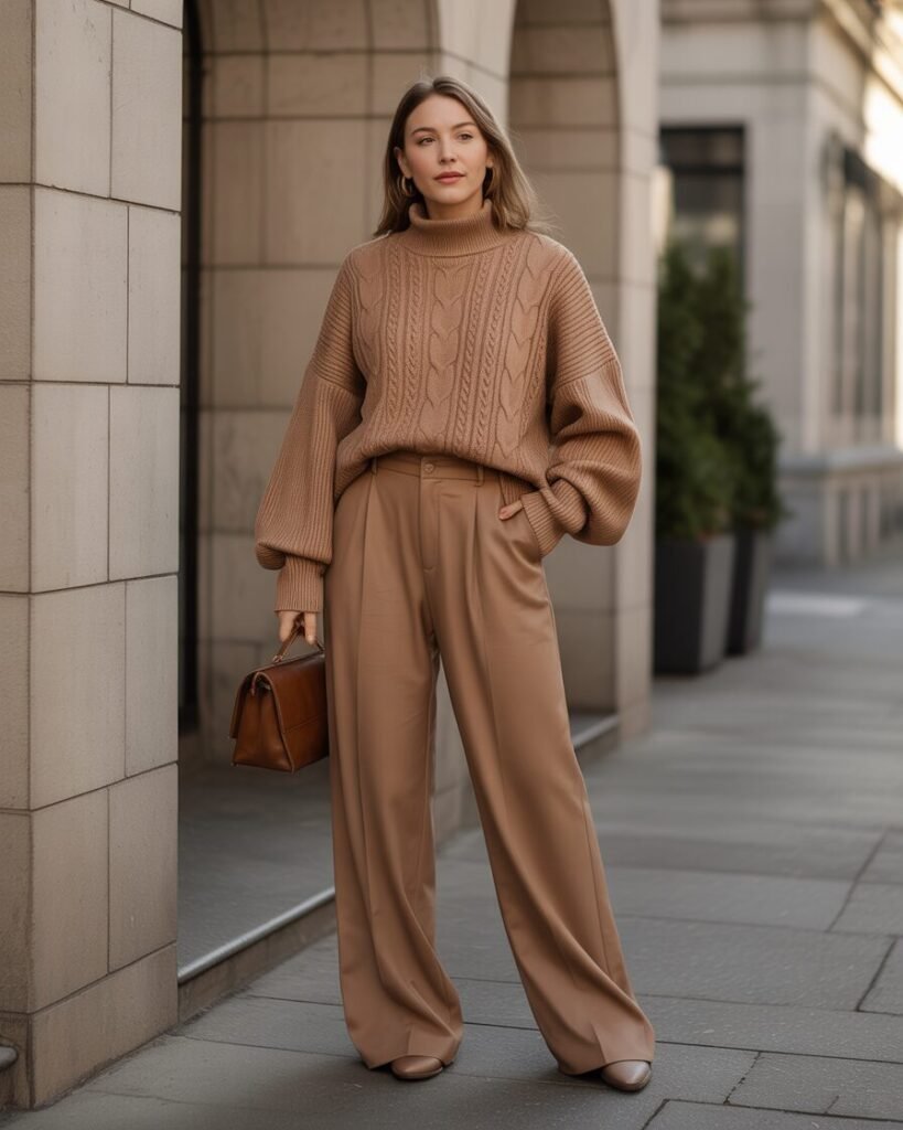 A mid-size woman wearing a monochromatic outfit in a single color, with varying textures.