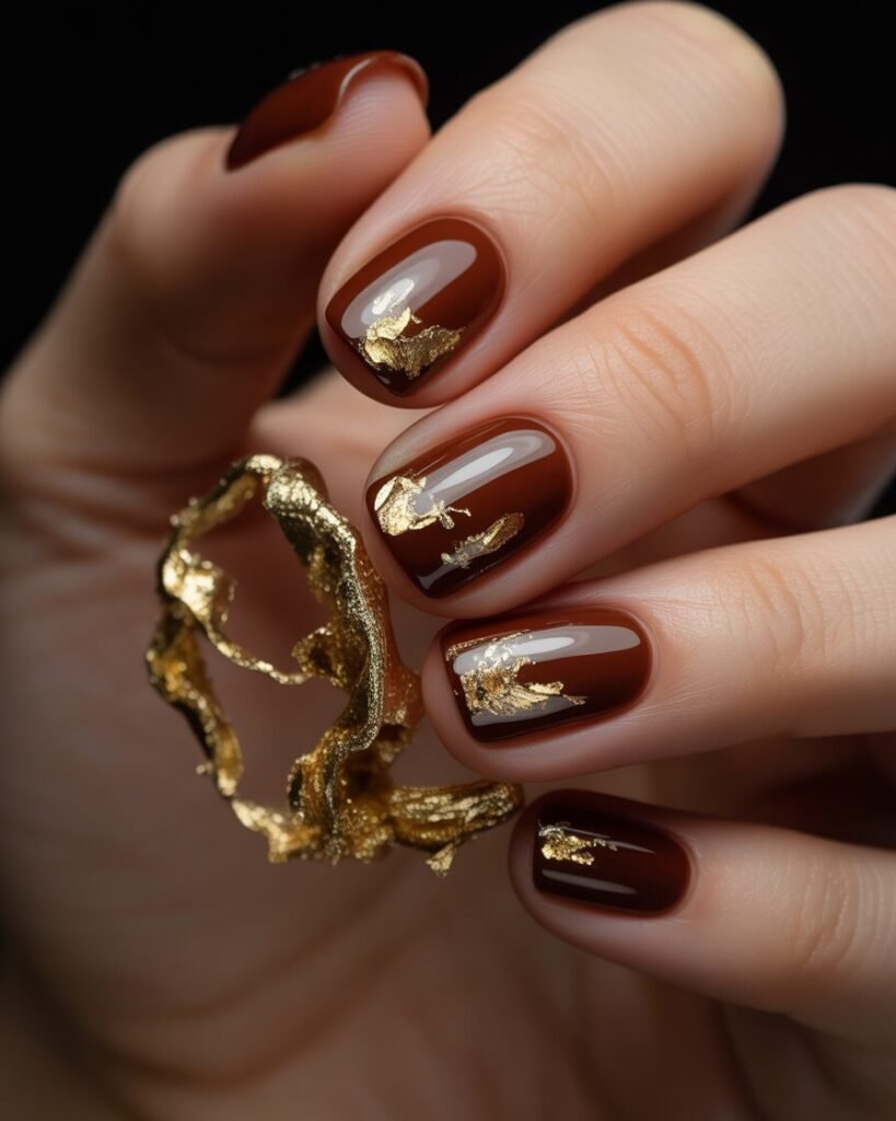 A hand with rich brown nails featuring gold foil accents. The image shows the luxurious contrast of the dark polish and shimmering gold.