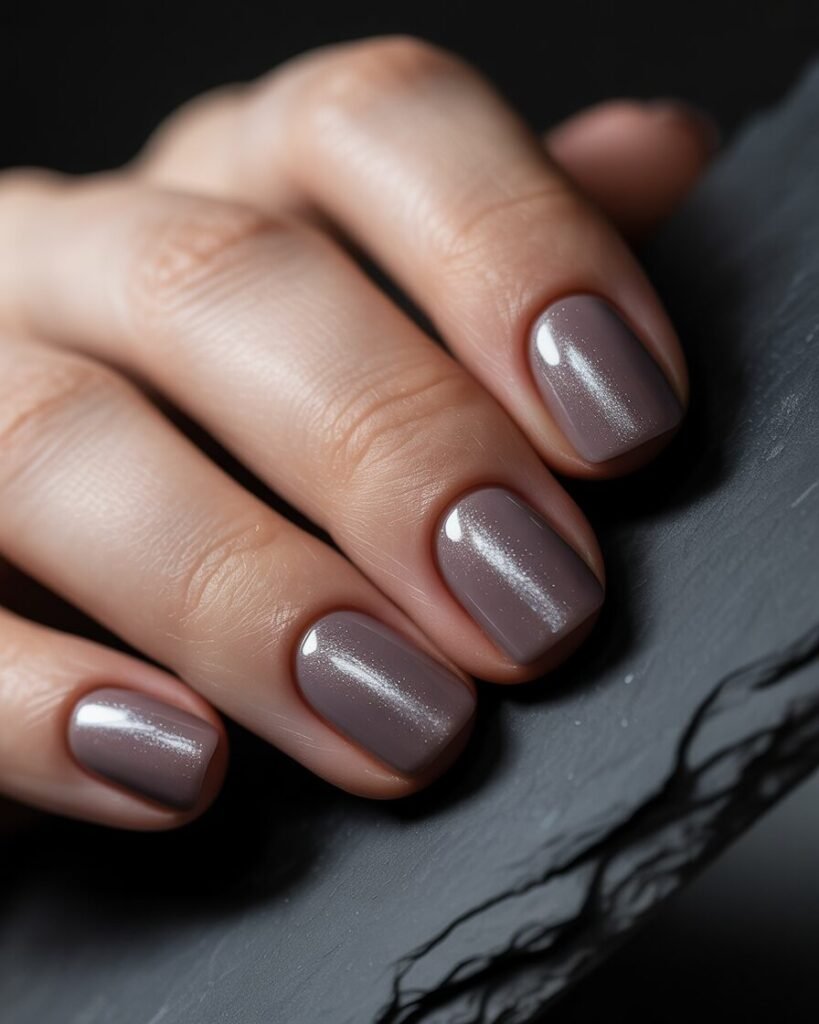  A hand with matte taupe nails that have a shimmering top coat. The image highlights the interesting play of matte and glitter textures.