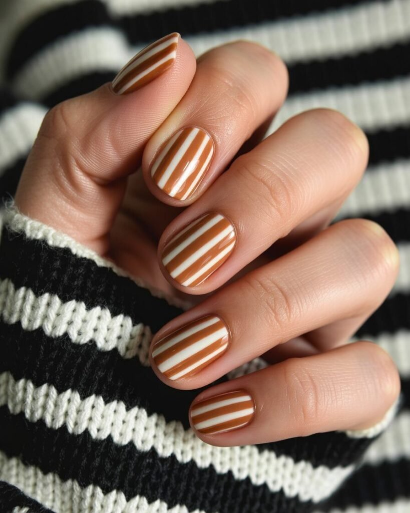 A hand with nails featuring alternating caramel and chestnut brown stripes. The pattern is neat and perfect for a fall look.