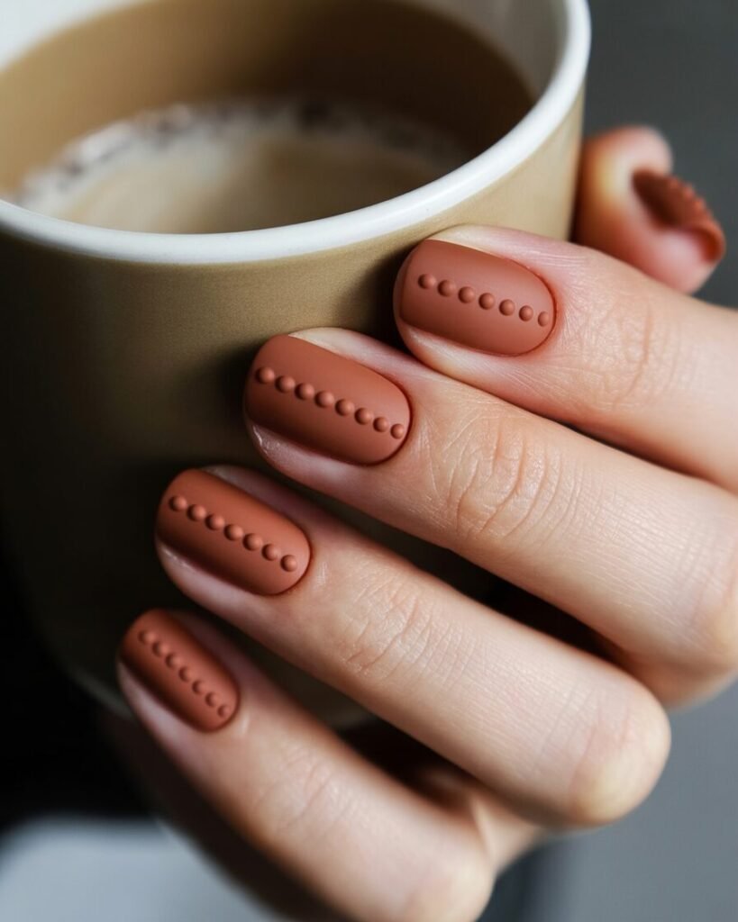 A hand with a matte cinnamon brown manicure and small, raised dot accents. The image highlights the unique, textured detail of the nail art.