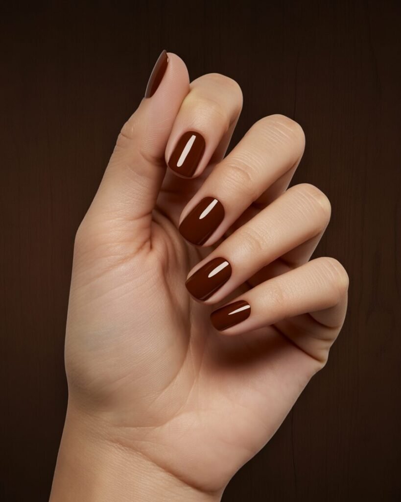 A hand with a solid, glossy, deep cocoa brown manicure. The image emphasizes the rich color and shiny finish.