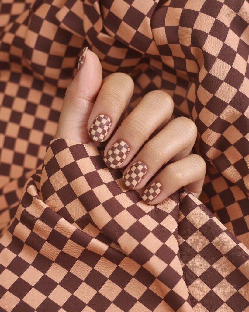A hand with a matte beige and brown checkerboard pattern on the nails. The image is fun and modern.