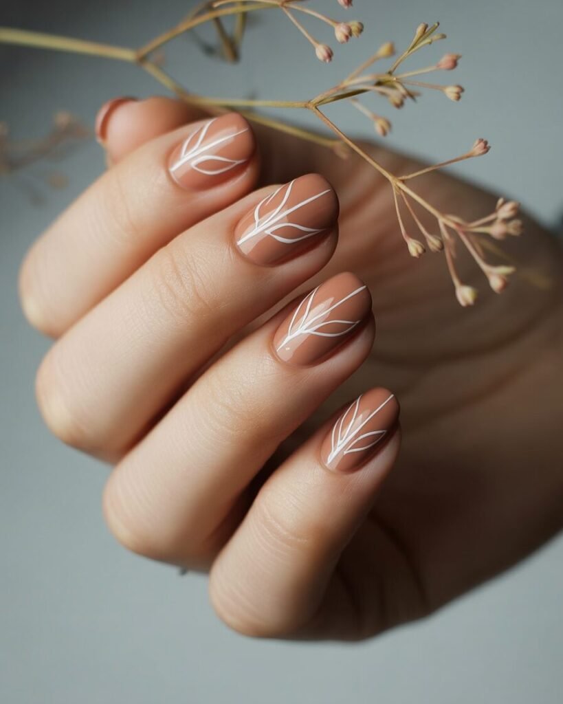 A hand with light brown nails featuring delicate white line-art leaves. The image is a simple, artistic, and elegant.