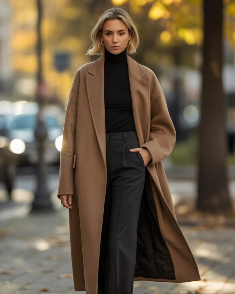 A woman walks down a street wearing an oversized camel coat over a black turtleneck and charcoal trousers.