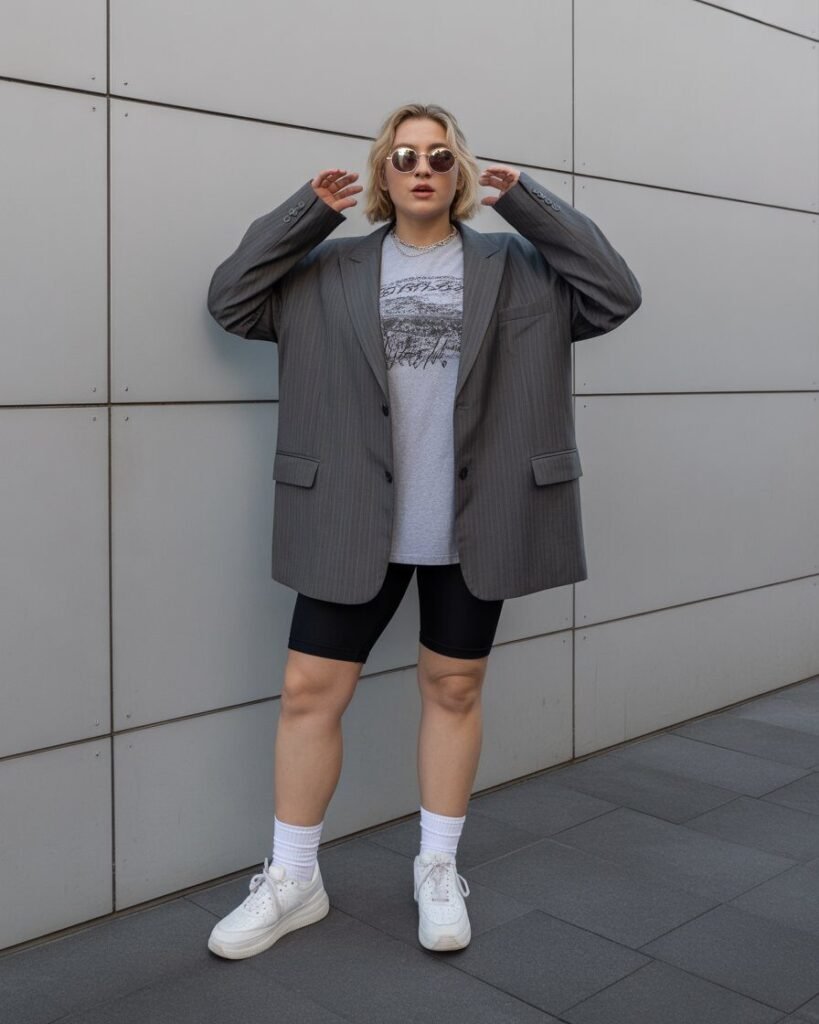 A mid-size woman wearing an oversized blazer over a t-shirt and bike shorts, with sneakers.