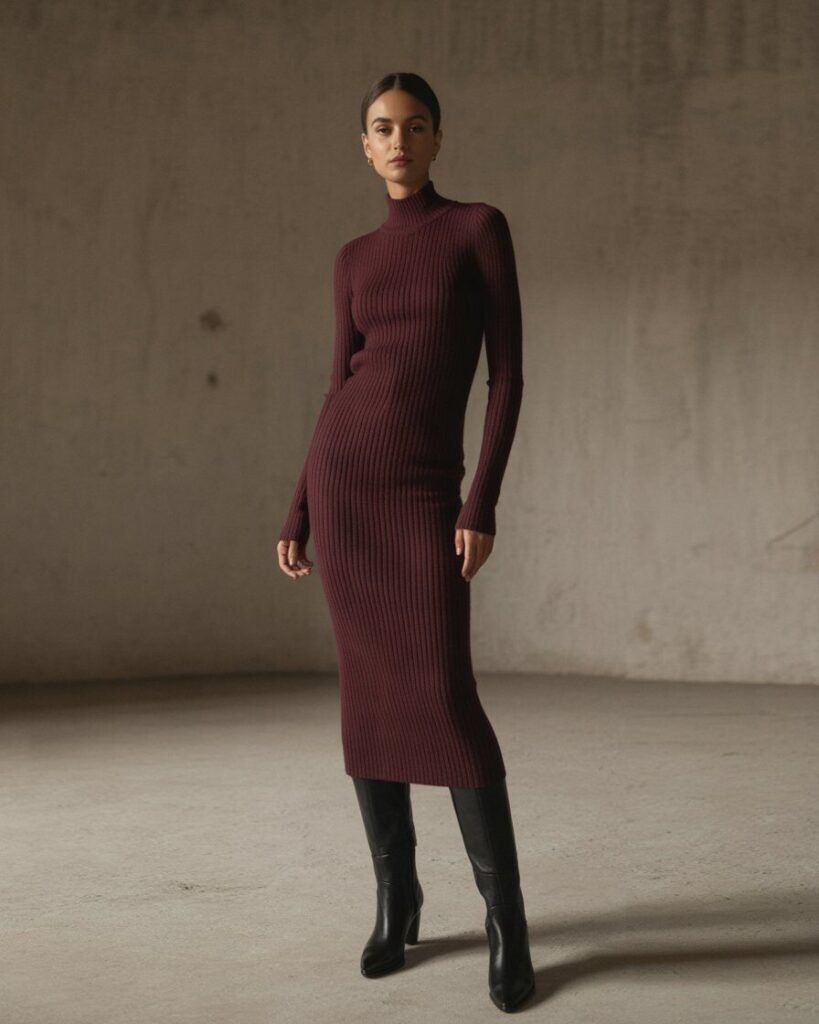 A woman wears a burgundy knit midi dress and black knee-high boots in a soft, elegant setting.