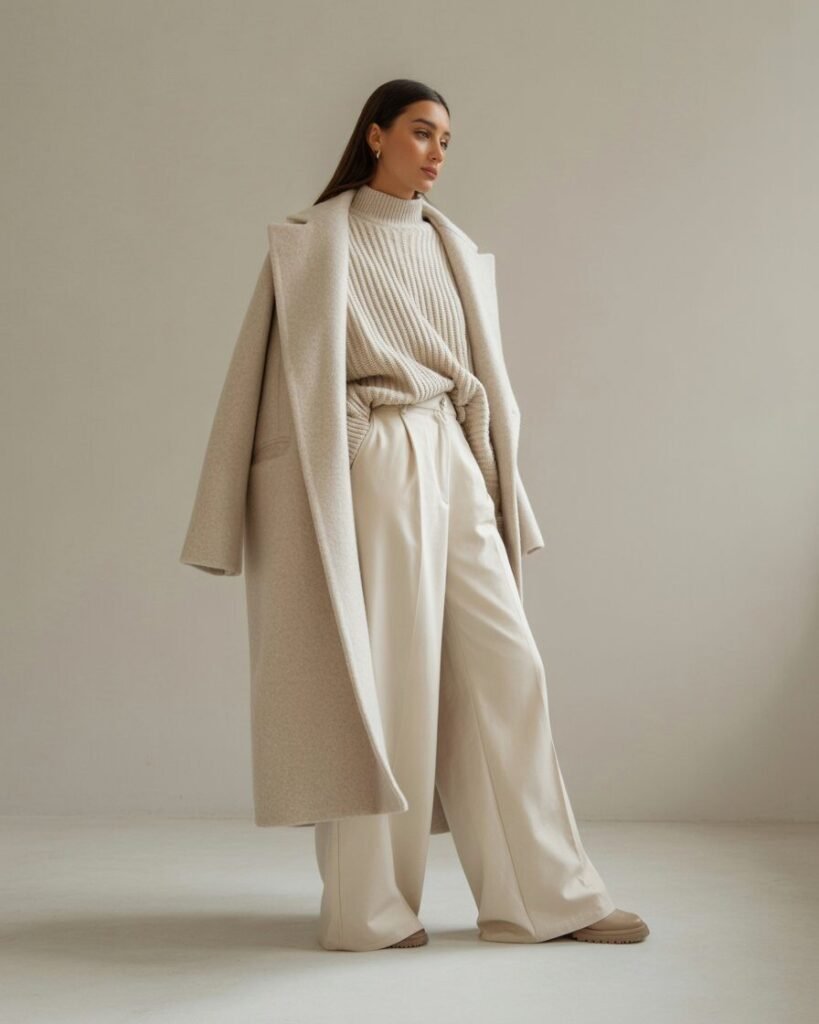 A woman in a monochrome outfit of a cream sweater, trousers, and wool coat.