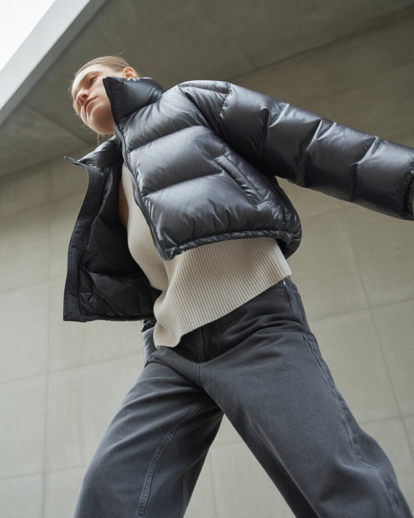 A person wearing a cropped black puffer jacket with a knit top and straight-leg jeans.