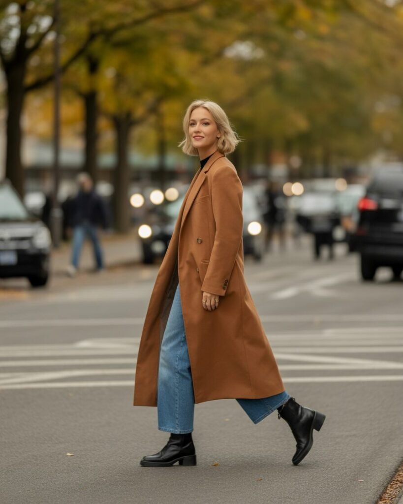 A woman in a knit skirt and an oversized sweater, walking while holding a coffee cup.