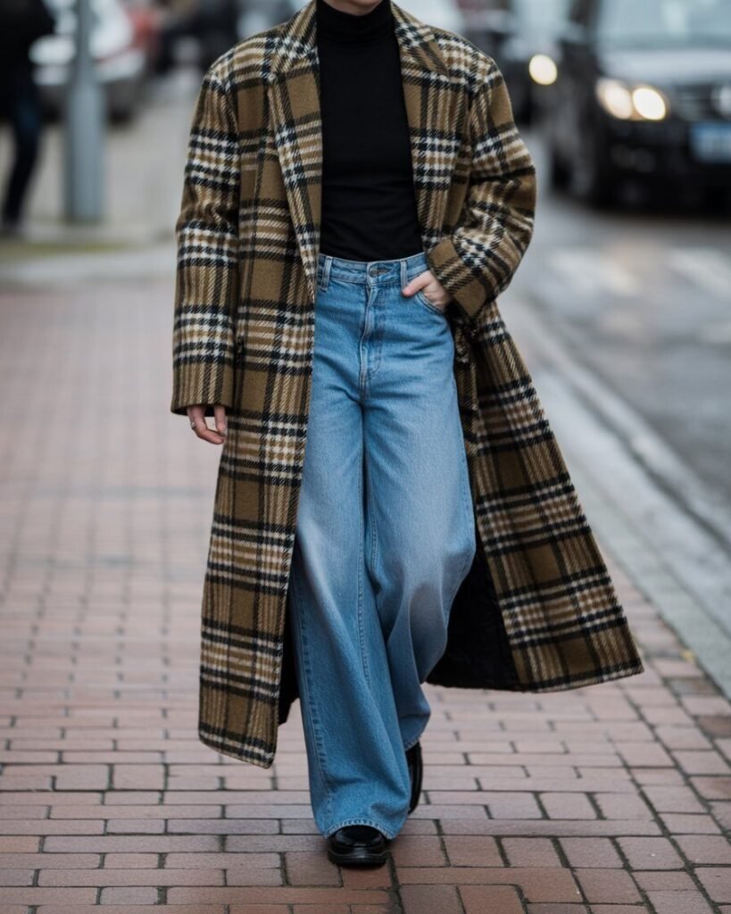  A person wearing a long plaid coat over a black turtleneck and jeans.