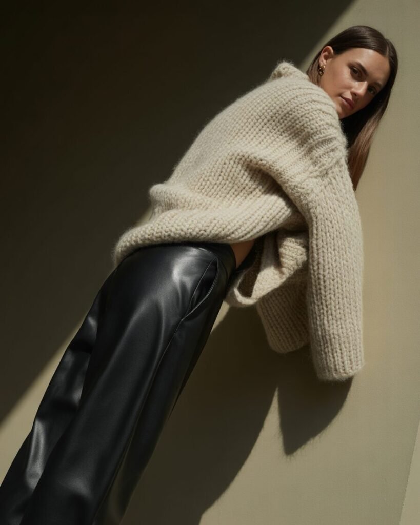 A woman wears a large, oversized sweater with sleek black leather pants.