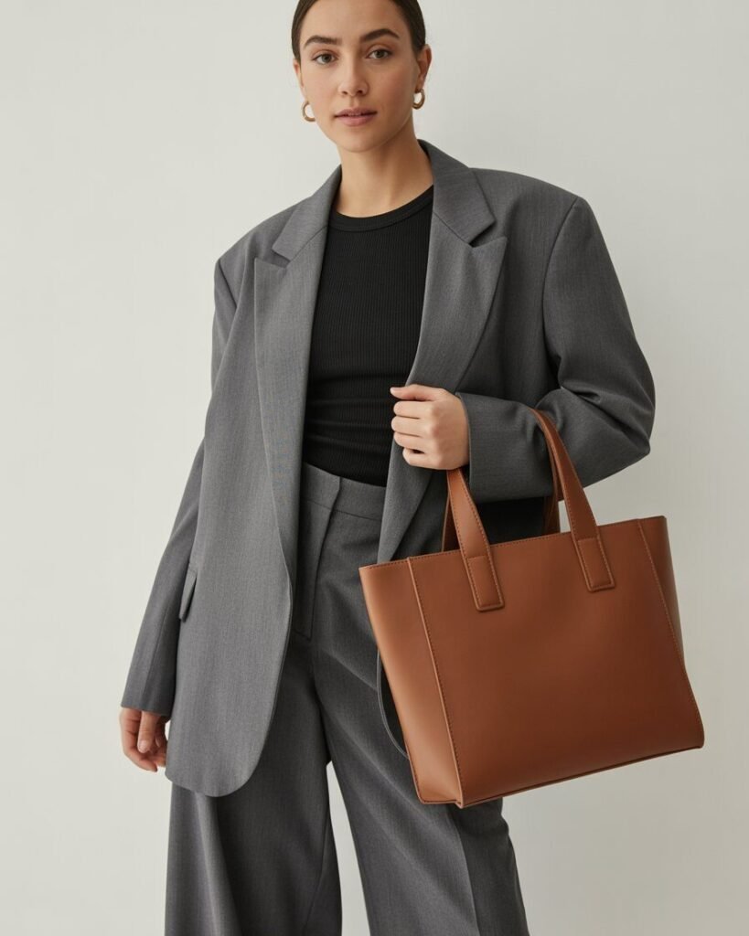A woman in a grey tailored blazer and wide-leg trousers, holding a professional leather bag.