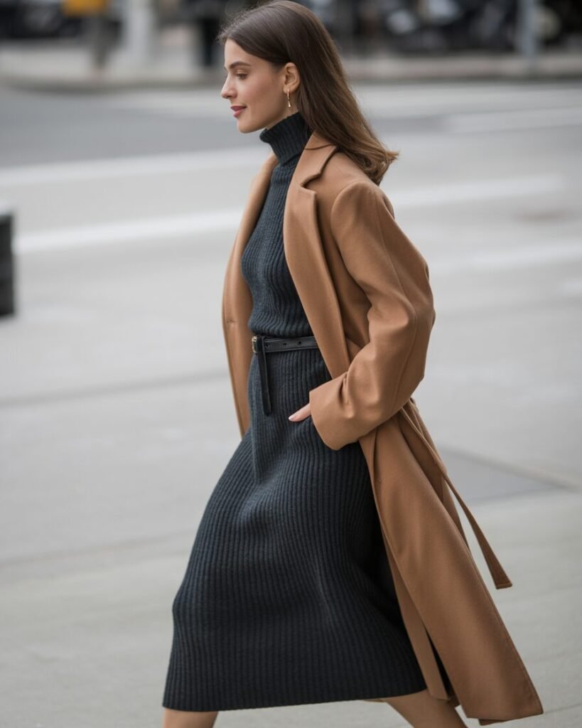 A woman in a long knit dress and a belted wool coat while walking on a city street.