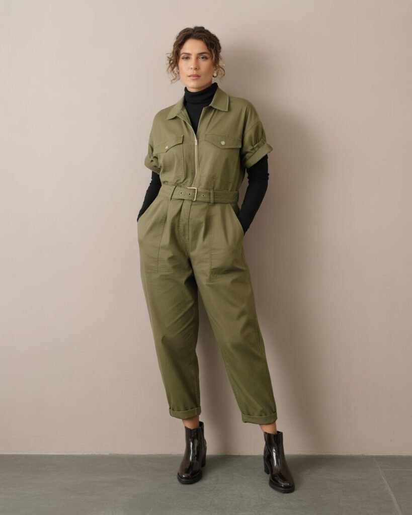 A mid-size woman in a jumpsuit with a turtleneck layered underneath, cinched with a belt.