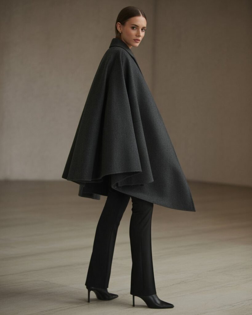 A woman wearing a charcoal wool cape over slim black trousers and pointed-toe boots.