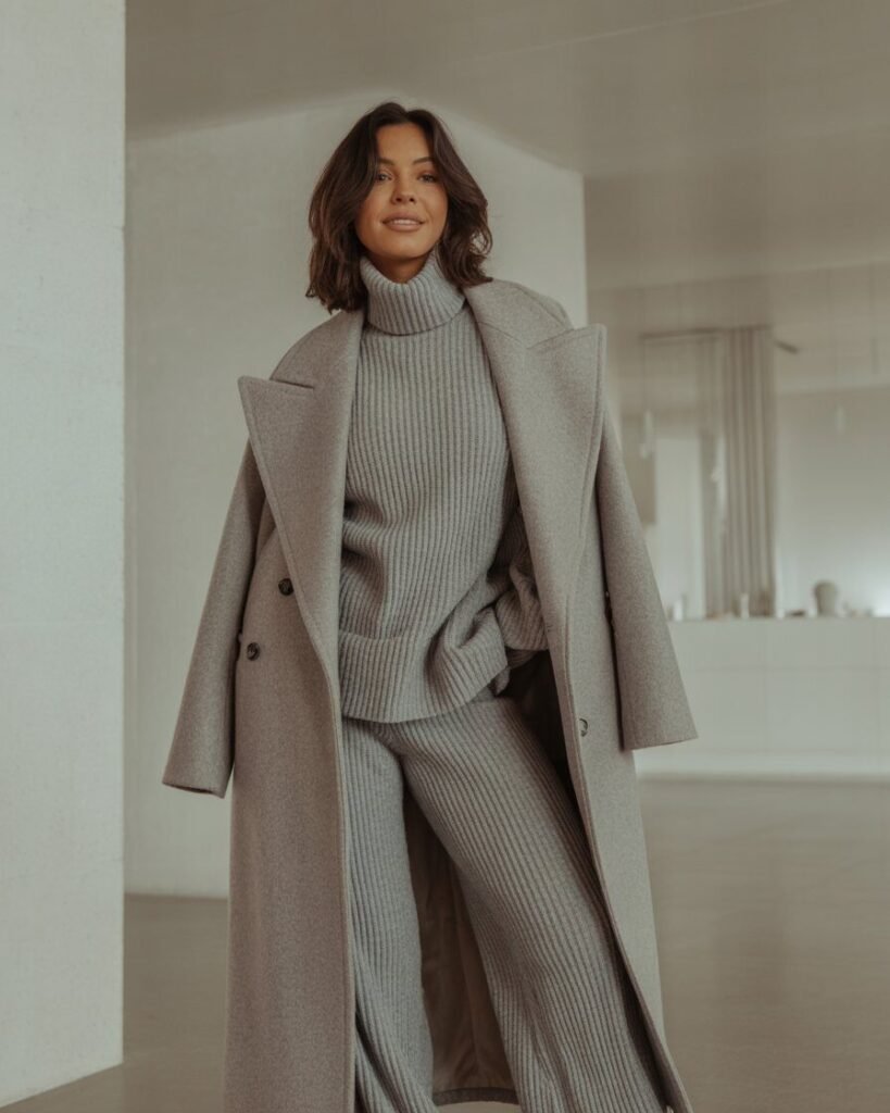 A woman in a matching gray knit set and a long wool coat.