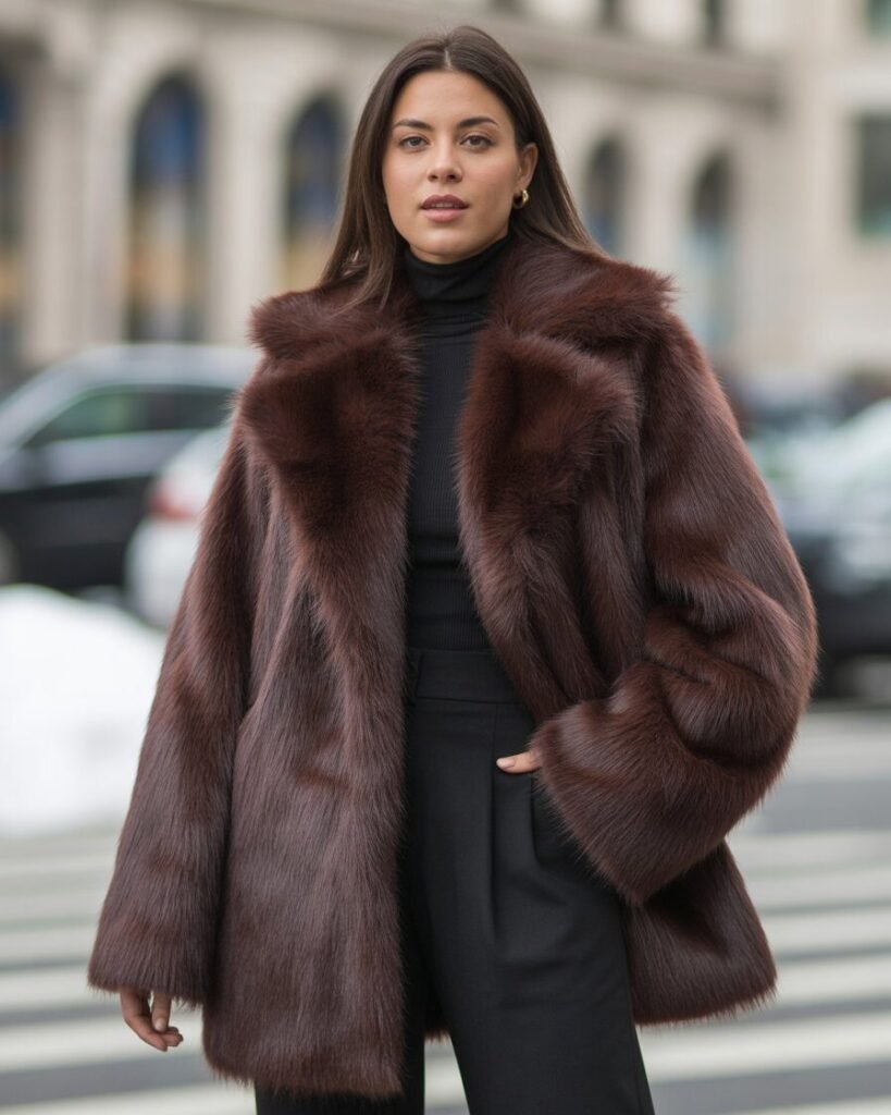 A woman wearing a statement-making brown faux fur coat over a simple all-black outfit.