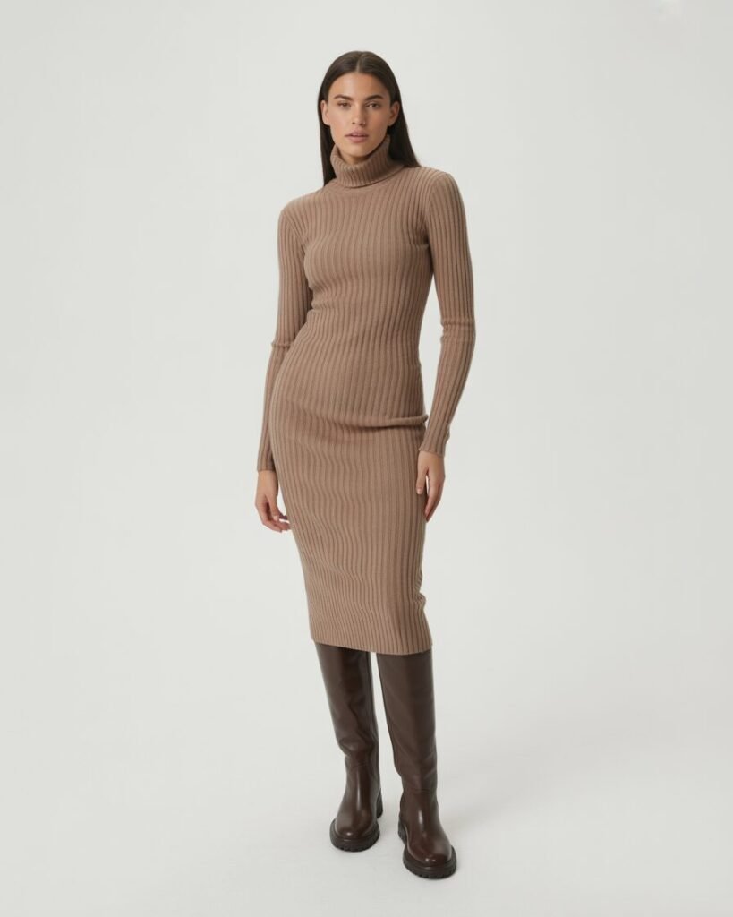 A woman in a camel-colored turtleneck dress and knee-high boots.