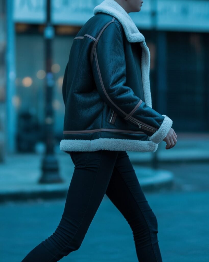 A person in a black shearling-trimmed leather jacket and black denim.