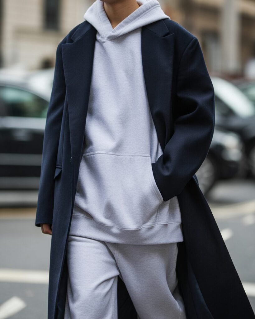 A person wears a gray hoodie under a long navy wool coat.