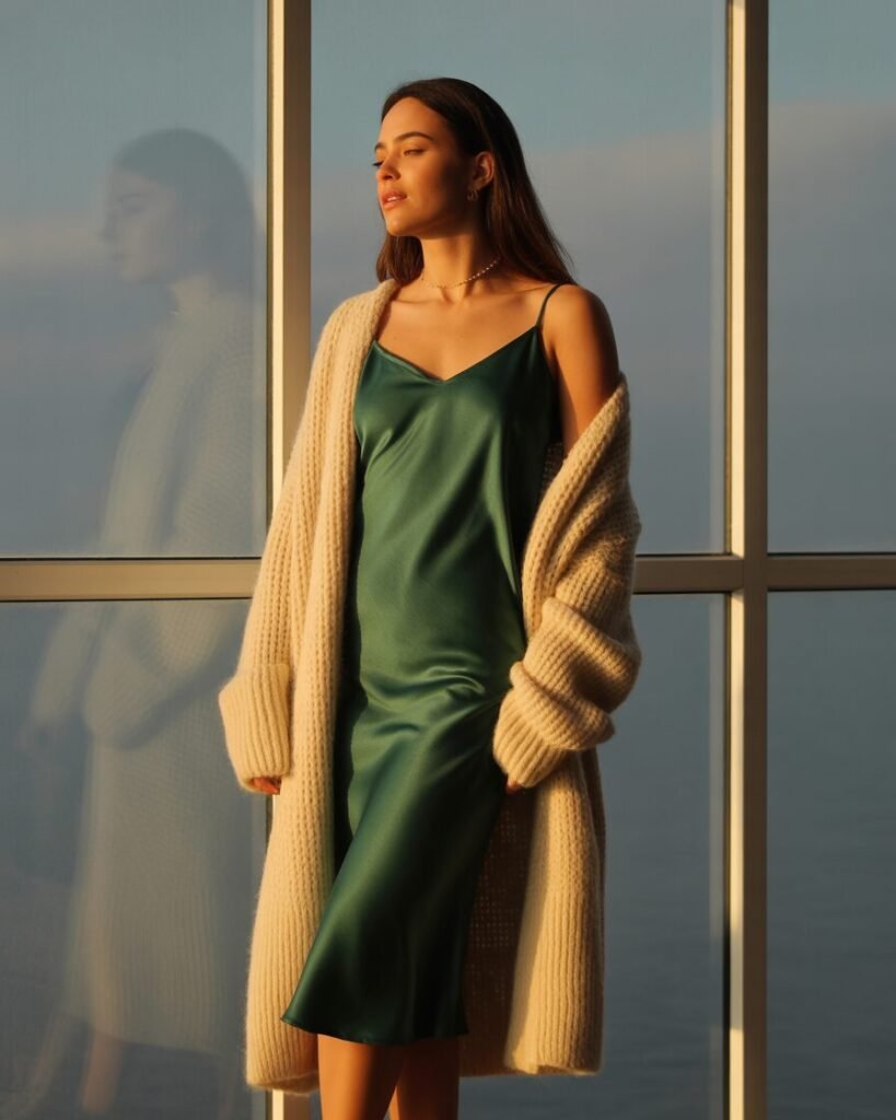 A woman in a green slip dress and a large, long cream cardigan.