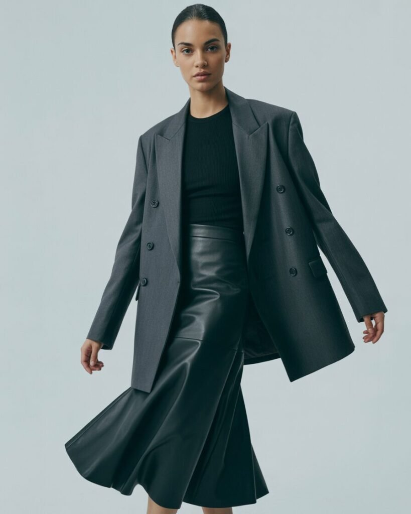 A woman wearing a double-breasted blazer and a leather midi skirt.