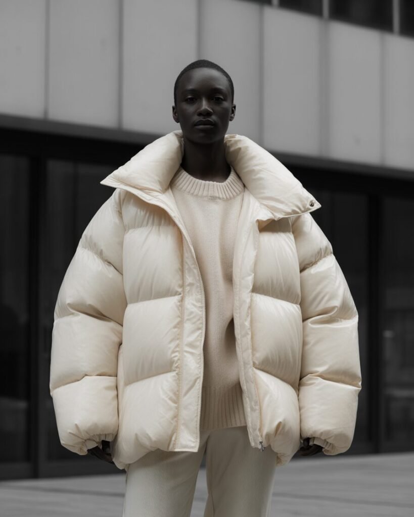  A person wearing a large, oversized cream puffer jacket over a monochrome beige outfit.