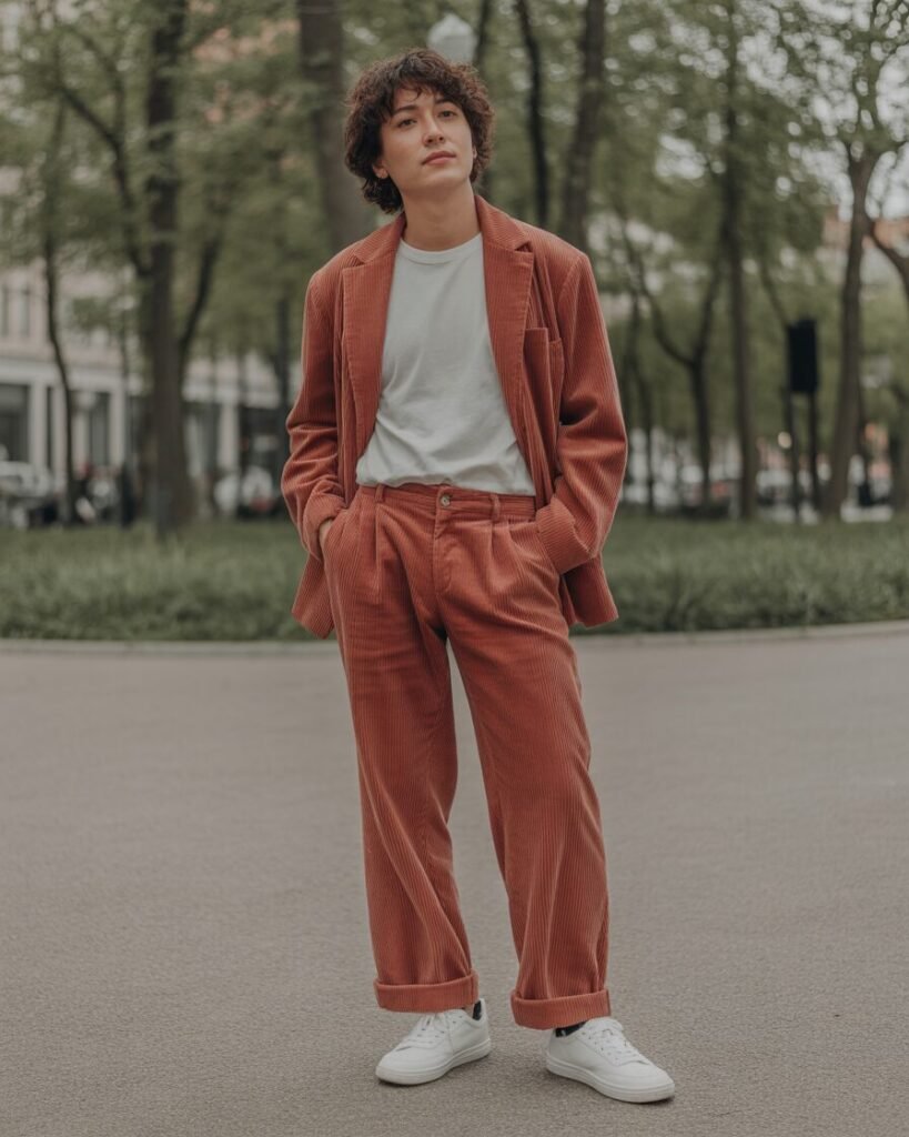 A person in a rust-colored corduroy suit with a white t-shirt and white sneakers.