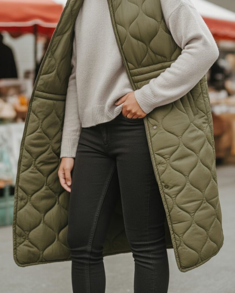  A person wearing a long quilted vest over a sweater and jeans.