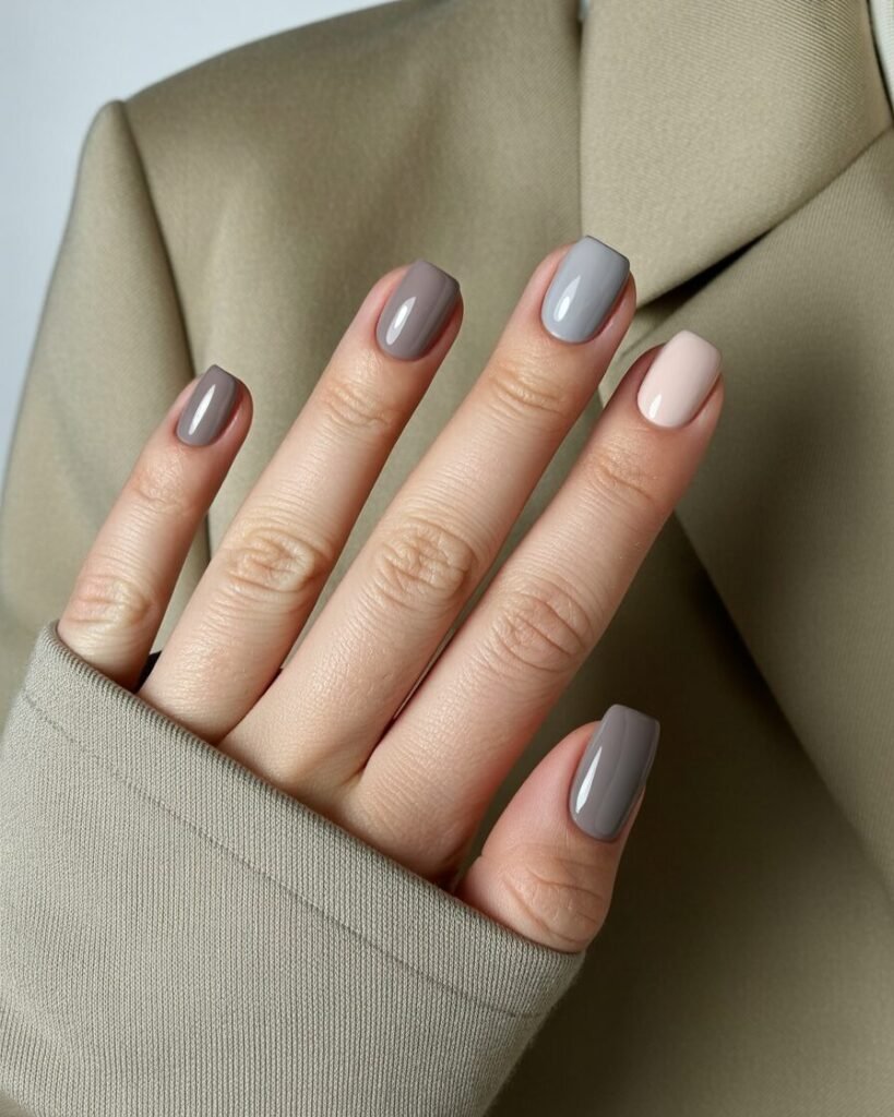 Soft taupe and grey manicure with glossy finish, featuring rounded square nails for understated elegance.