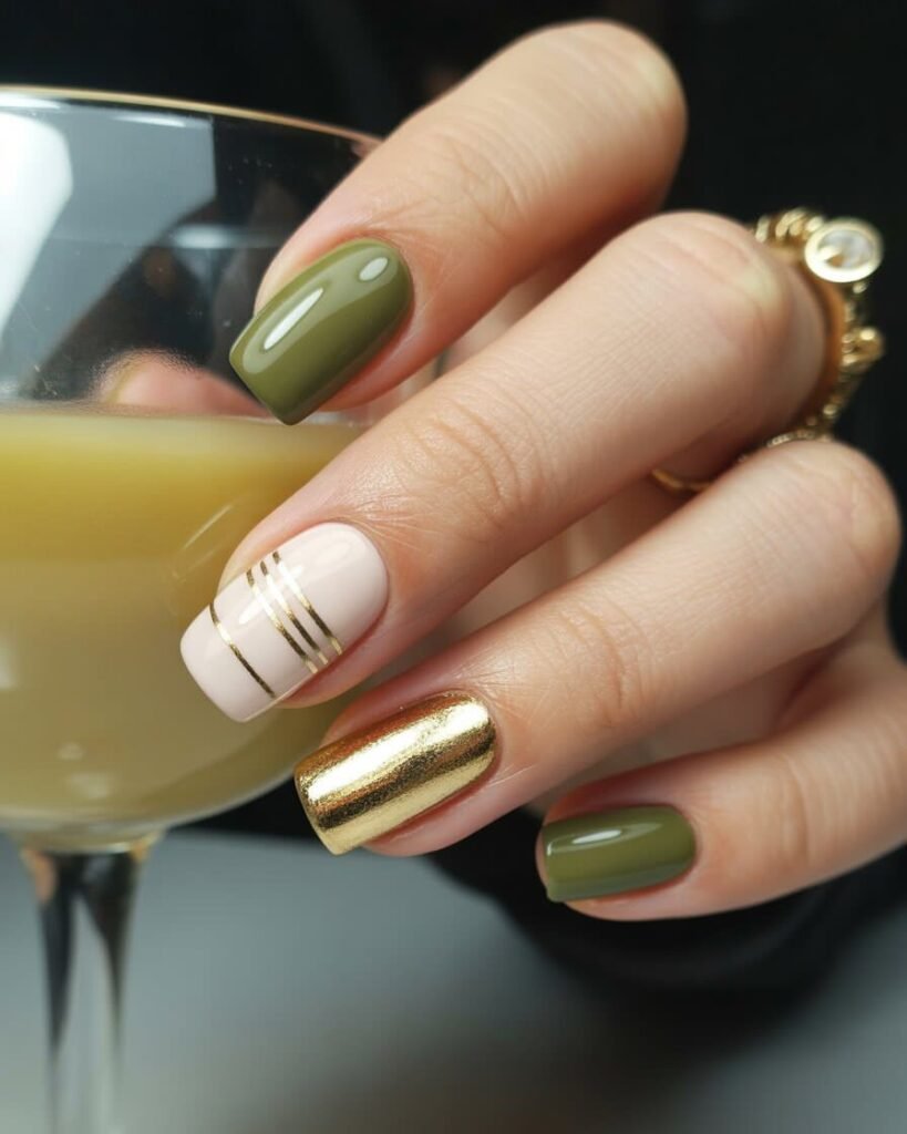 Geometric nails with metallic gold, olive green, and creamy ivory, showcasing sharp lines and a reflective finish.