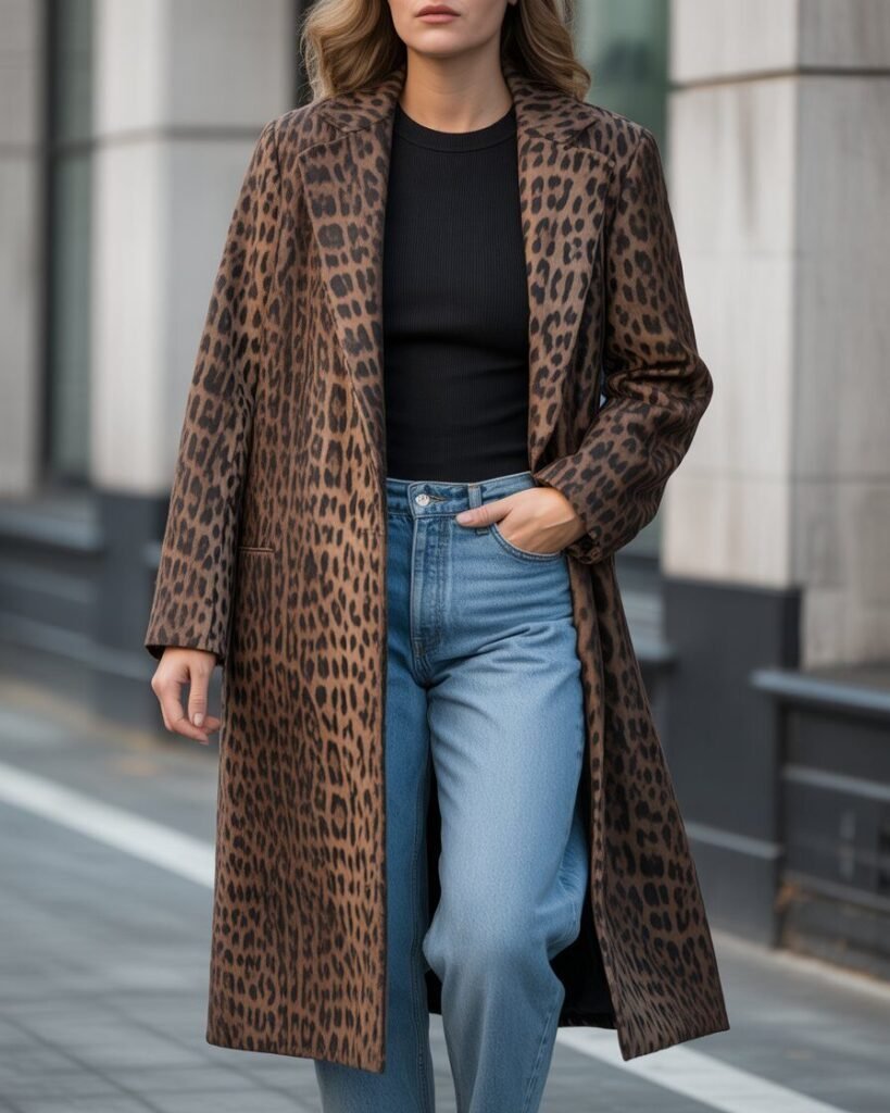 A mid-size woman wearing a statement coat over a simple black top and straight-leg jeans.