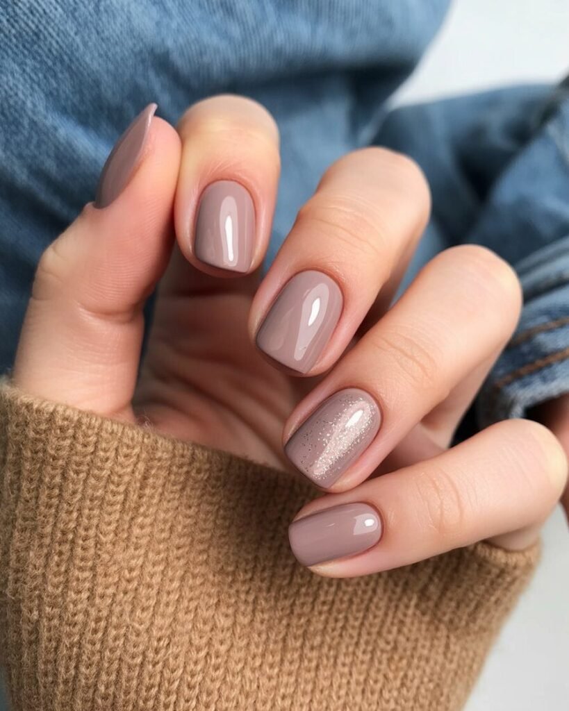 Neutral taupe nails with subtle micro-glitter accent, suitable for daily fall wear.