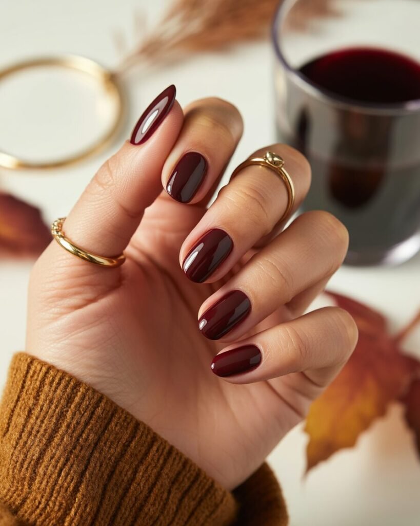 Deep burgundy nails with glossy finish, offering a timeless and elegant fall look.