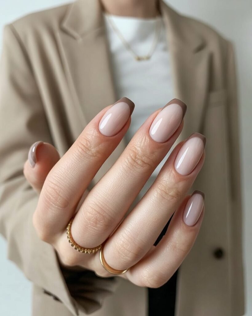 Mushroom beige nails with glossy tips for understated elegance and professional appeal.