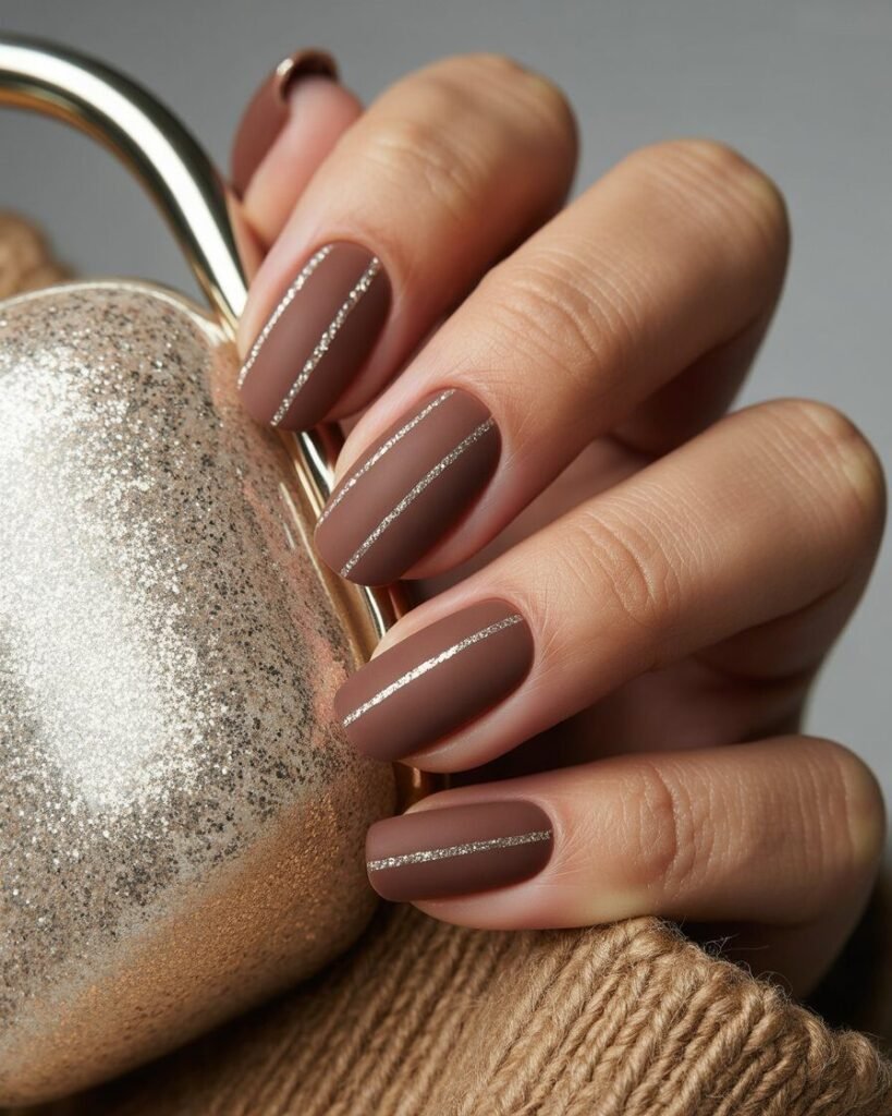 Matte mocha nails with fine glitter stripes for a stylish and modern fall manicure.