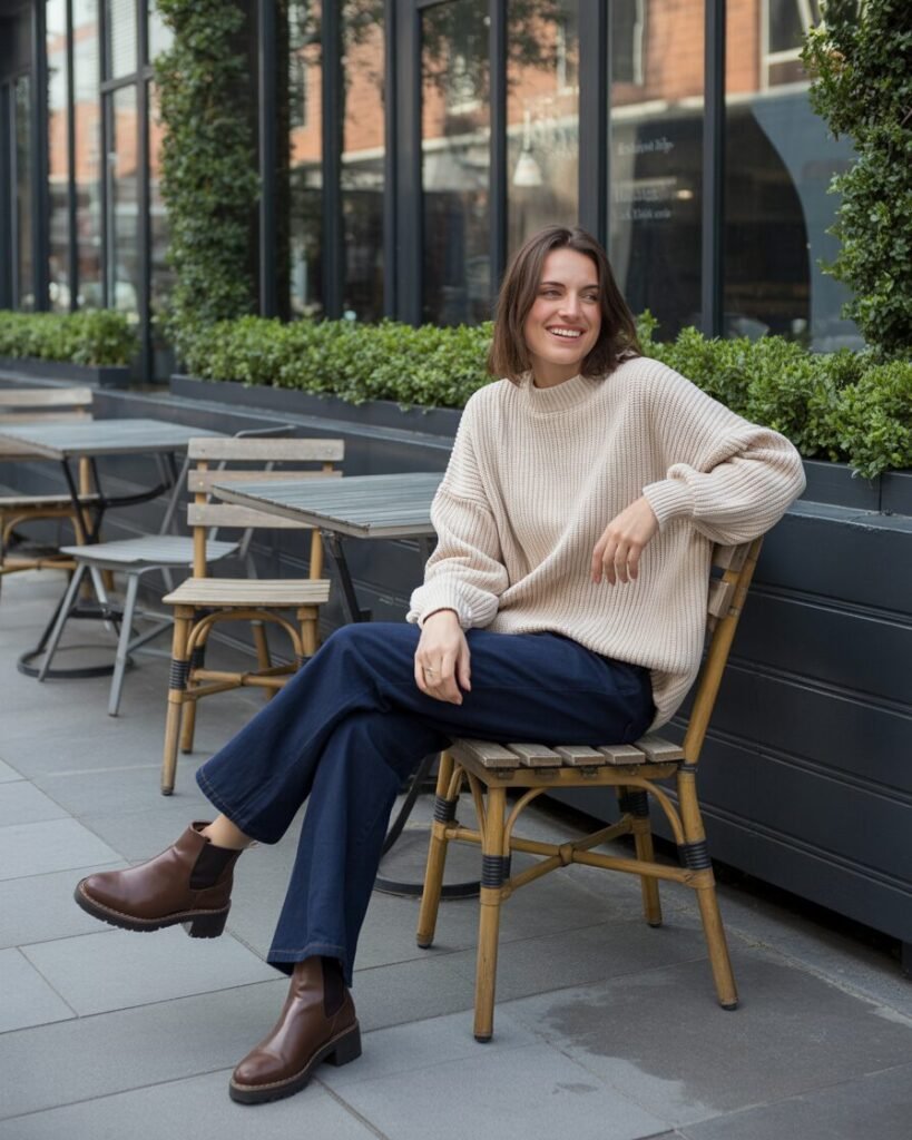 Woman in a cream sweater, jeans, and brown ankle boots at a cafe.